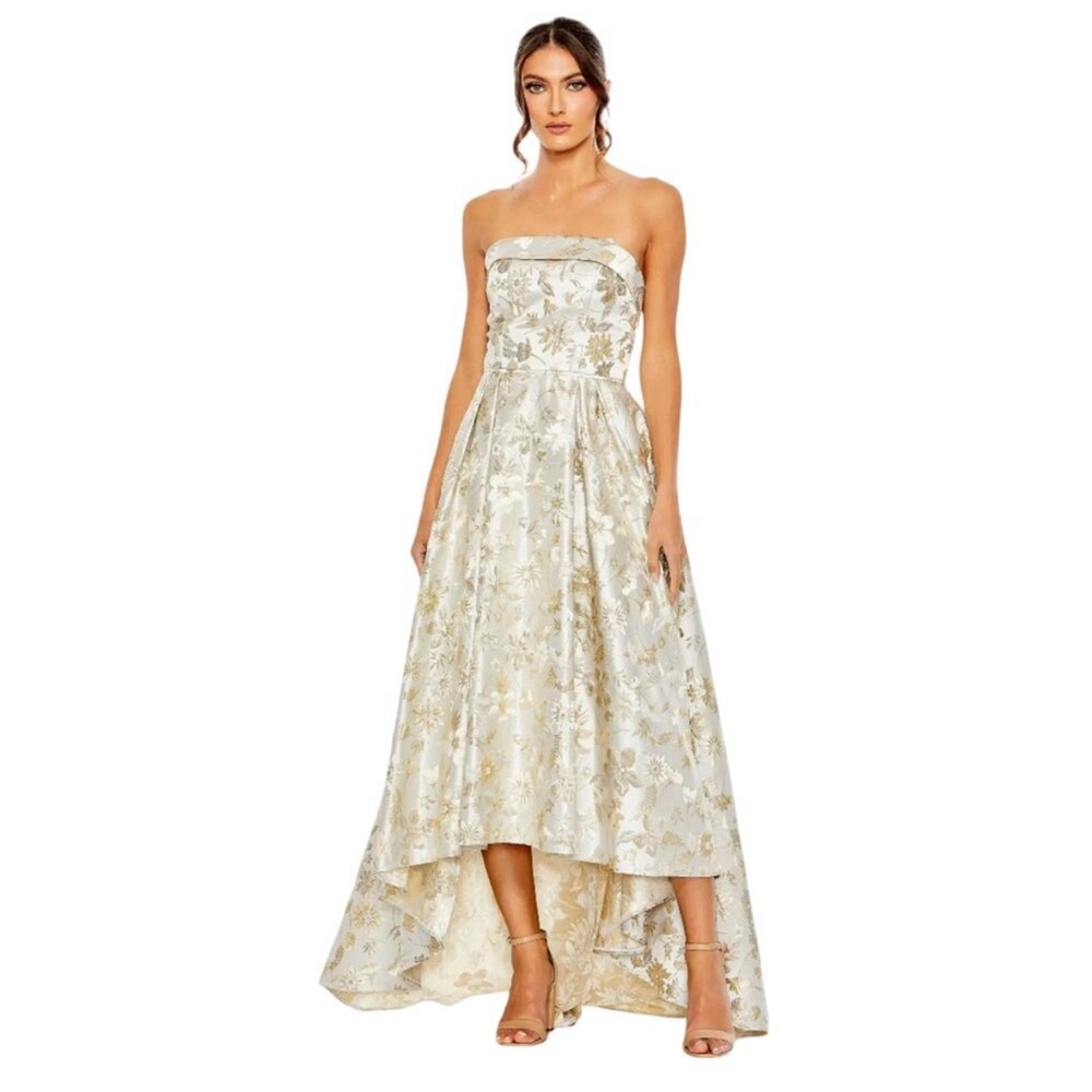 White and Gold Brocade Strapless Golden Floral High Low Gown - size 12